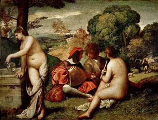 Le Concert champêtre, c. 1509. Tiziano Vecellio (called Titian) (1488/1490-1576). Oil on canvas, 1.05 m x 1.37 m. Musée du Louvre, Louis XIV Collections, 1671, INV. 71.